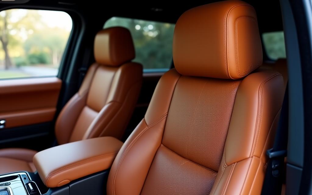 Pristine, reconditioned leather seats in a Range Rover interior (after detailing)