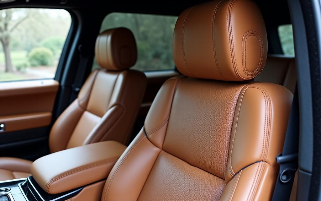 Worn and tired leather seats in a Range Rover interior (before detailing)