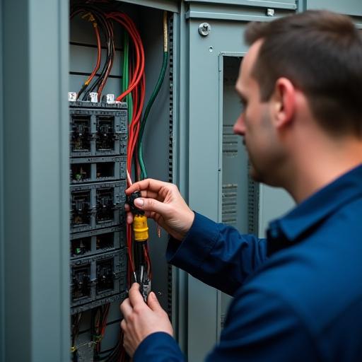 専門の技術者が電気系統の配電盤を点検している写真